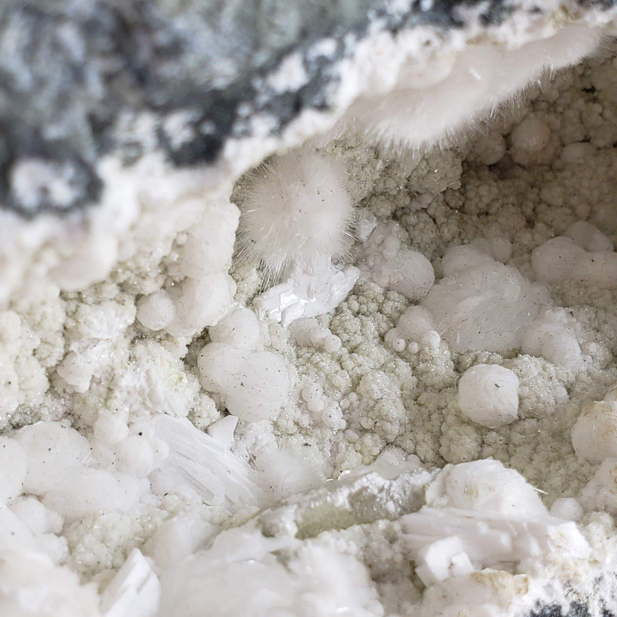 Okenite and Calcite on Prehnite and Smoky Quartz in Geode | 796 grams | Dindoshi, India