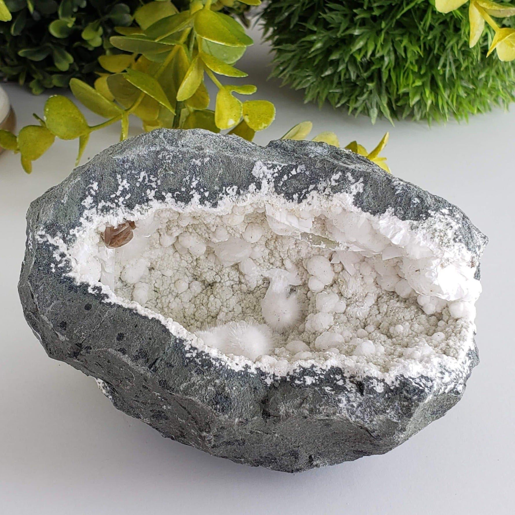 Okenite and Calcite on Prehnite and Smoky Quartz in Geode | 796 grams | Dindoshi, India
