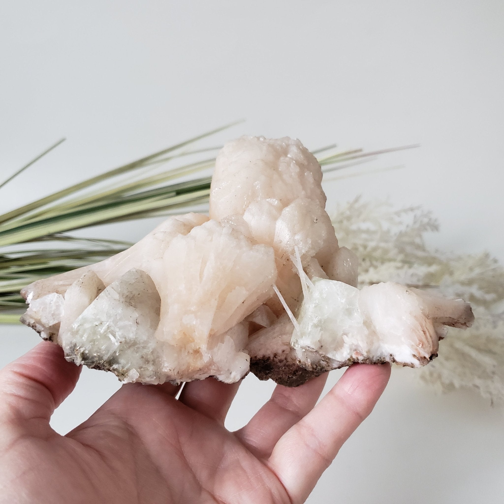 Cubic Green Apophyllite on Pink Stilbite with Scolecite Spray