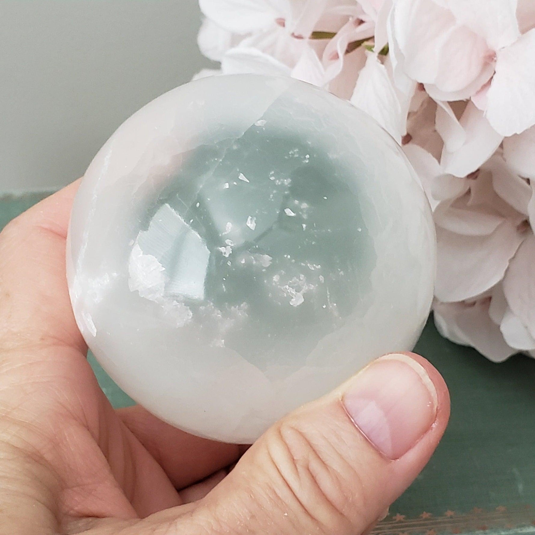  Selenite Satin Spar Sphere 74 mm, 2.9 in 496 grams 