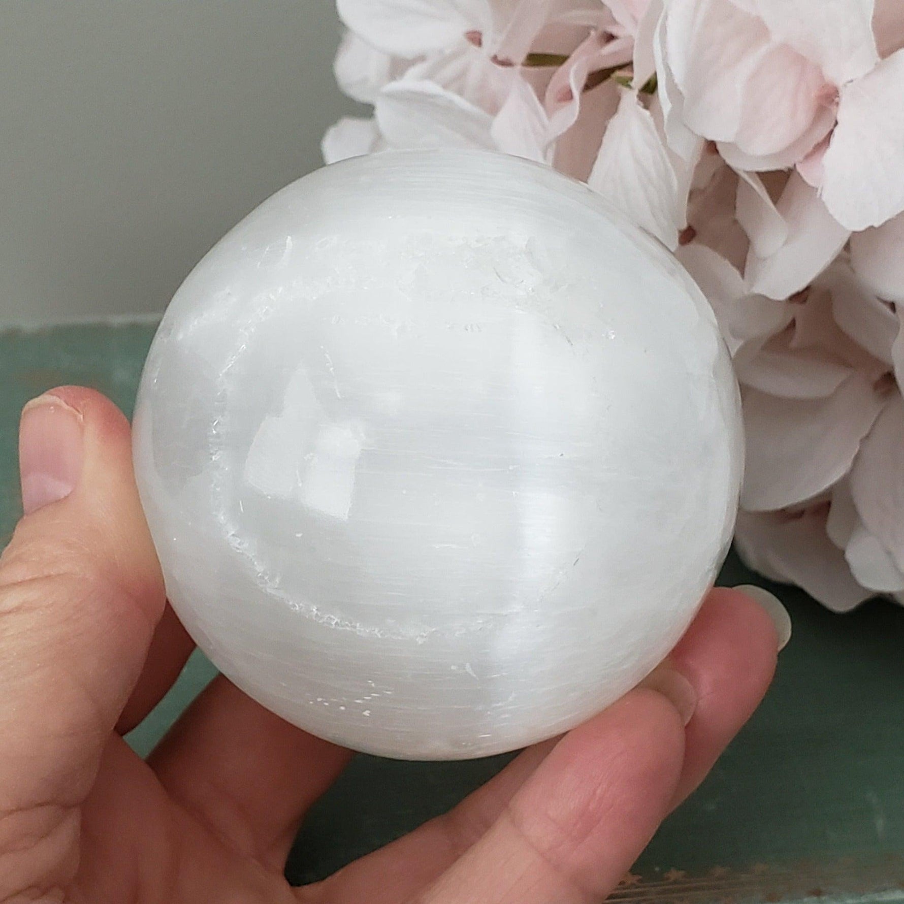  Selenite Satin Spar Sphere 74 mm, 2.9 in 496 grams 