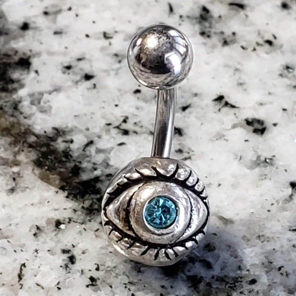 Third Eye Belly Ring | Surgical Steel and 925 Silver | Aquamarine Crystal