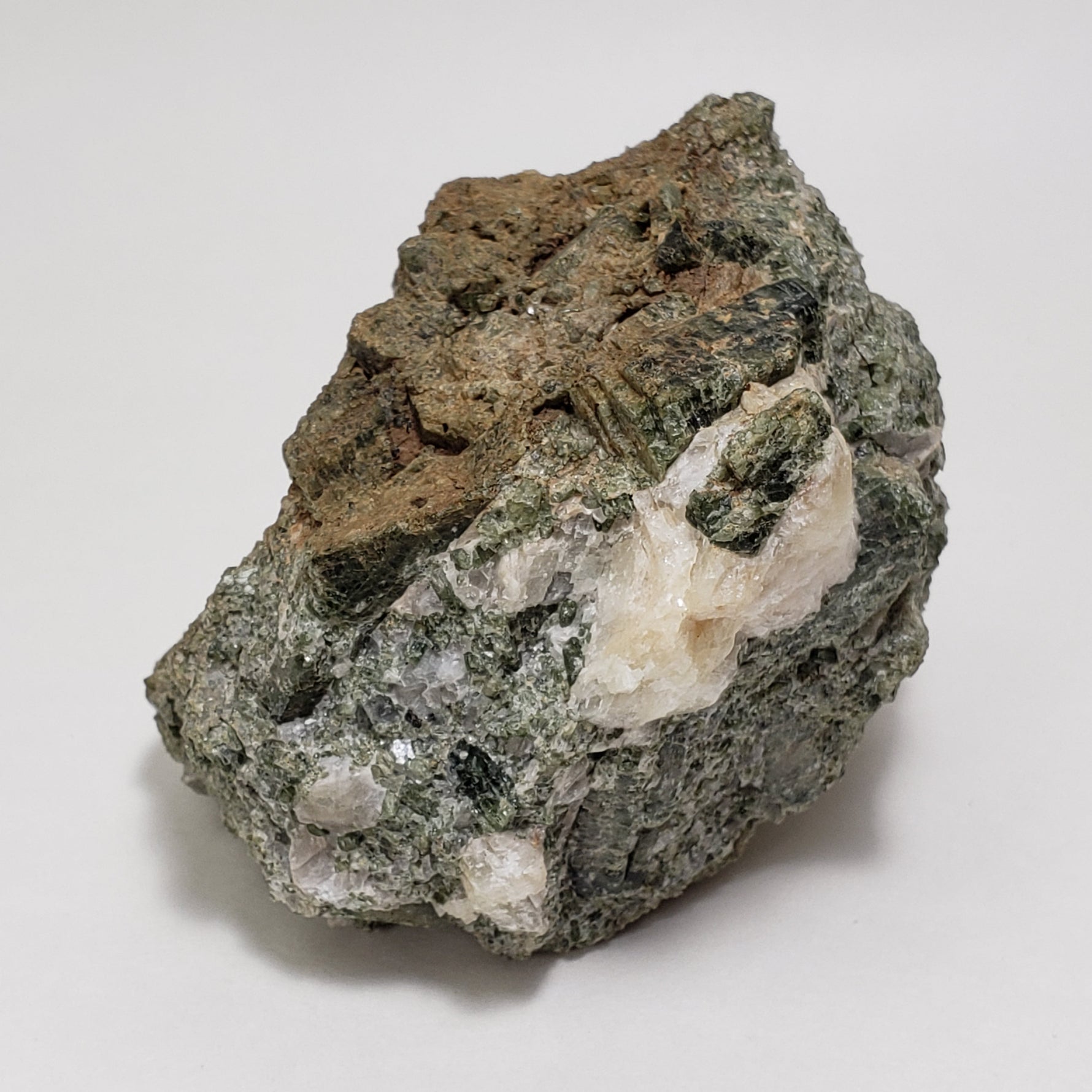Titanite in Green Diopside matrix | Black Sphene with White Calcite Crystal | 454 grams | Bancroft, Ontario Canada