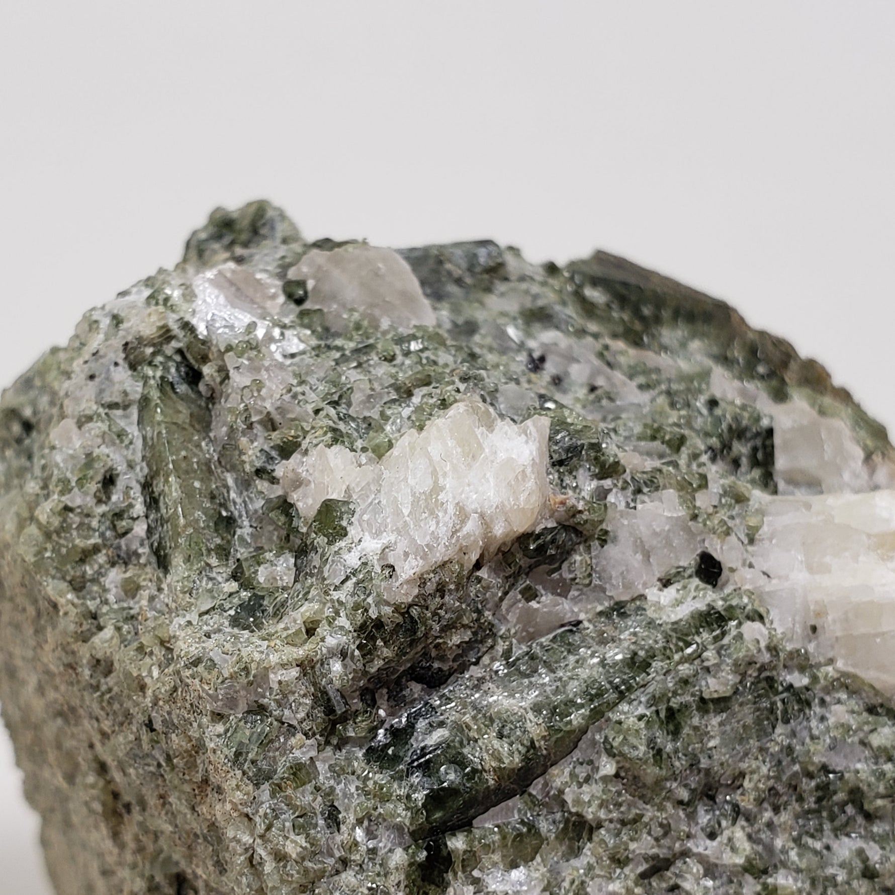 Titanite in Green Diopside matrix | Black Sphene with White Calcite Crystal | 454 grams | Bancroft, Ontario Canada