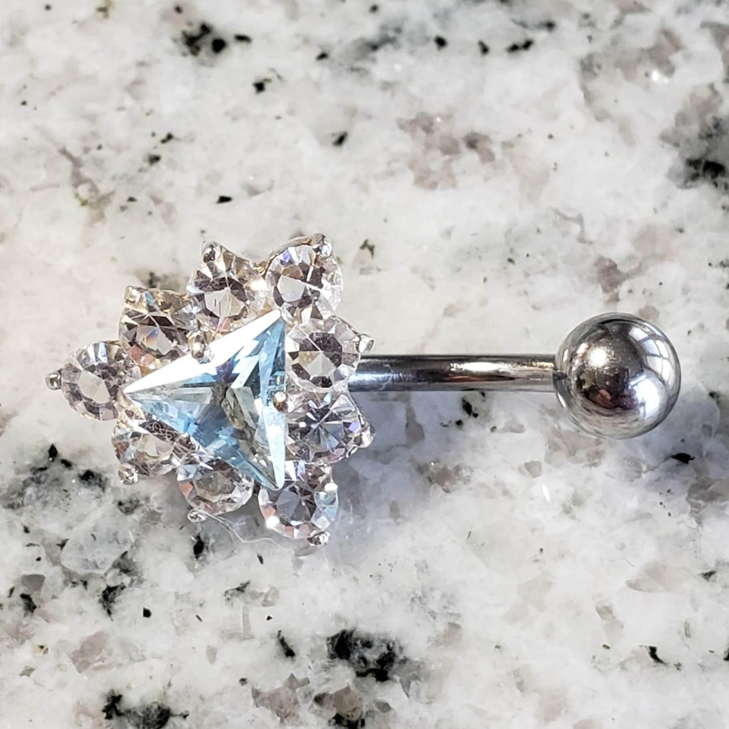 Trilliant Belly Ring | Surgical Steel and 925 Silver | Aquamarine Crystal and Cubic Zirconia